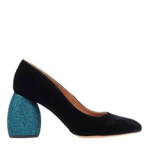 Dries Van Noten Black Velvet w/ Teal Glitter Heels